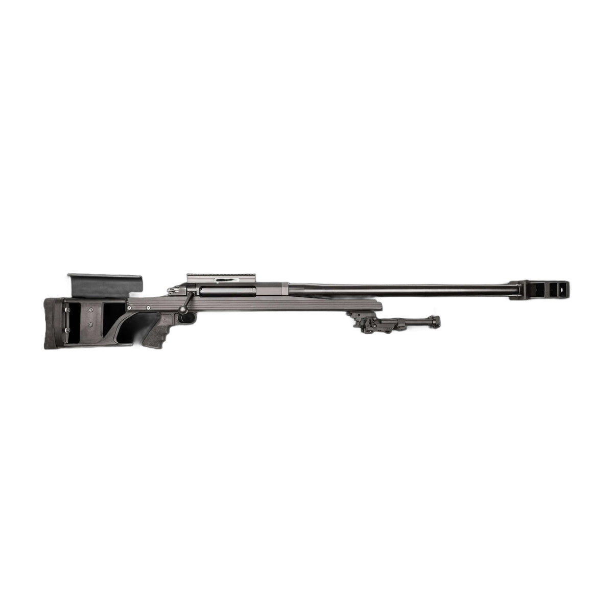 A long-barreled sniper rifle with a black finish, the B&B Firearms Armalite AR-50 A1 is perfect for long-range shooting. Equipped with a sleek stock, rail system for mounting optics, adjustable cheek rest, and a bipod beneath the barrel for stability, it also features a distinctive muzzle brake at the end.