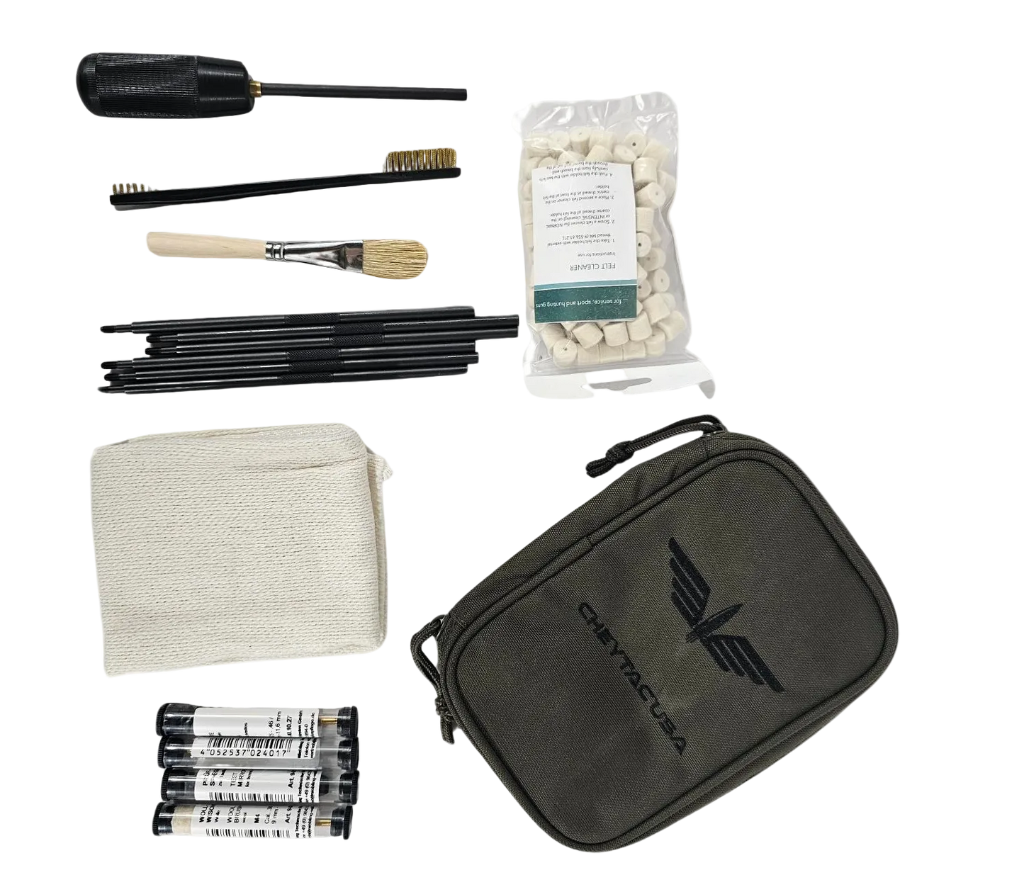 A small, black zippered pouch featuring the B&B Firearms logo printed in the center. The logo consists of a stylized winged design with an arrow pointing upwards above the text "B&B FIREARMS." Perfect for professional shooters, this durable pouch is ideal for storing your CheyTac High End Rifle Cleaning Kit or accessories.