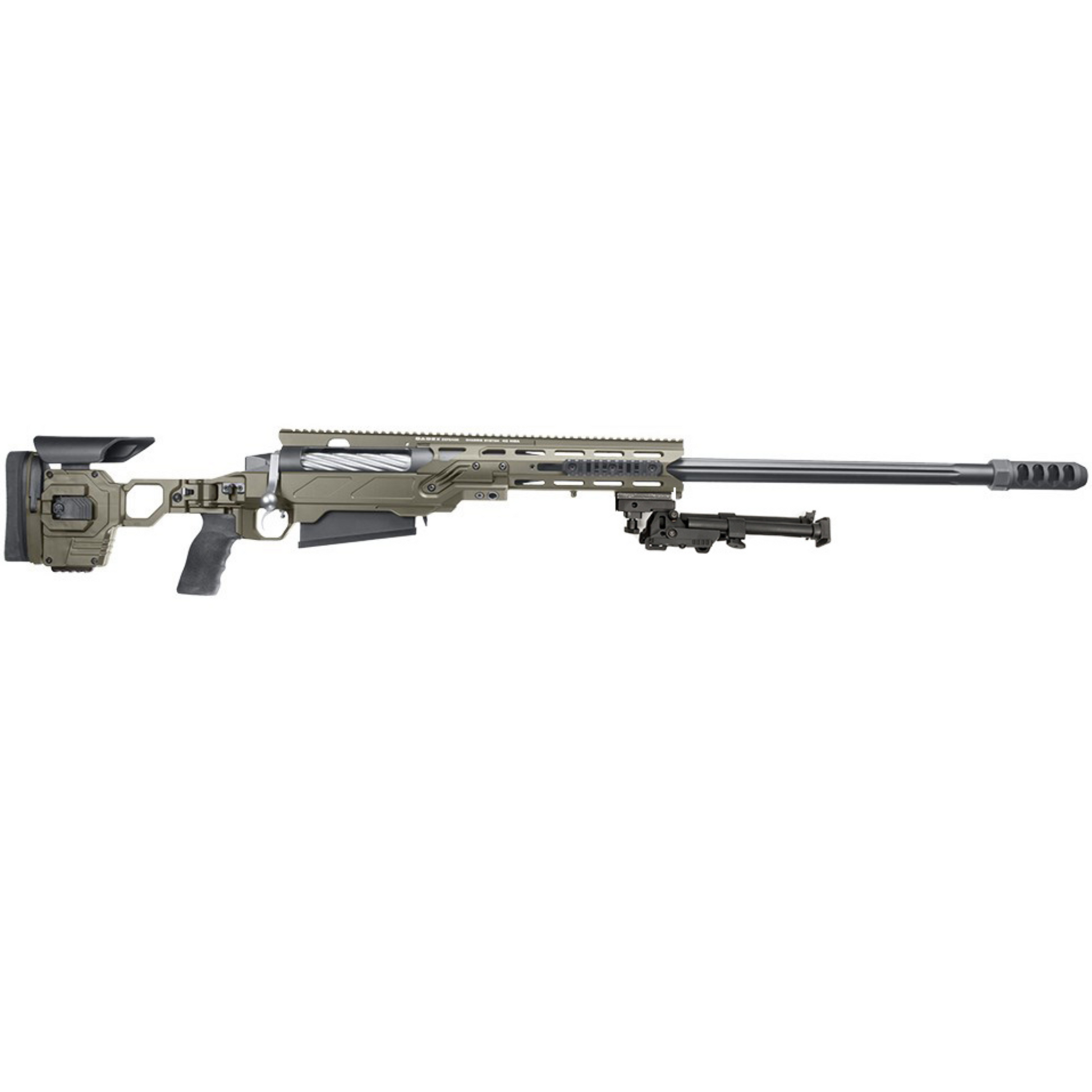 A modern bolt-action sniper rifle with an olive drab chassis, the B&B Firearms MCMILLAN TAC50C features a tactical adjustable stock, a black pistol grip, a twisted fluted barrel, and an expansion muzzle brake. This .50 BMG tactical rifle also includes a bipod for stability and a Picatinny rail for mounting optics.