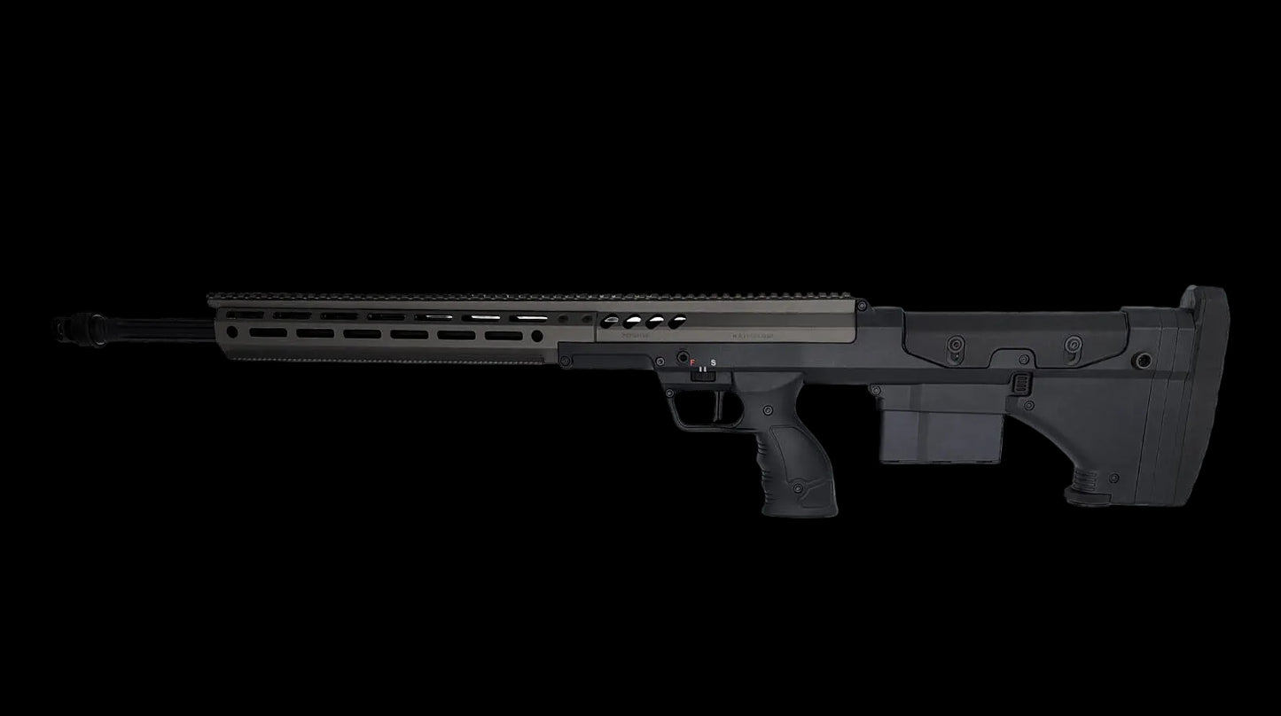 A black, modern tactical precision rifle for dedicated marksmen is photographed in a side view against a plain white background. The B&B Firearms SRS Precision Bullpup Bolt-Action Rifle features a long barrel with a muzzle brake, a rail system on top, a box magazine, an ergonomic pistol grip, and an adjustable stock.