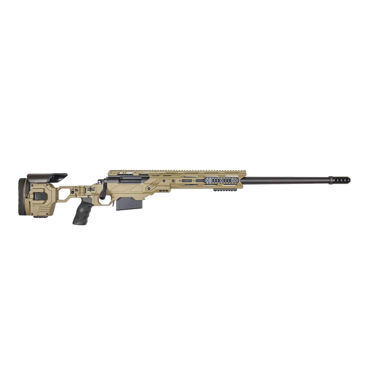 A tan-colored, long-barreled B&B Firearms Surgeon Remedy 1581 Precision with a black pistol grip, adjustable stock, and bipod attachment. The rifle features a 27" Match Grade Stainless Steel Barrel, a black scope rail on top, and a magazine protruding from the bottom. Its sleek design emphasizes precision and stability.