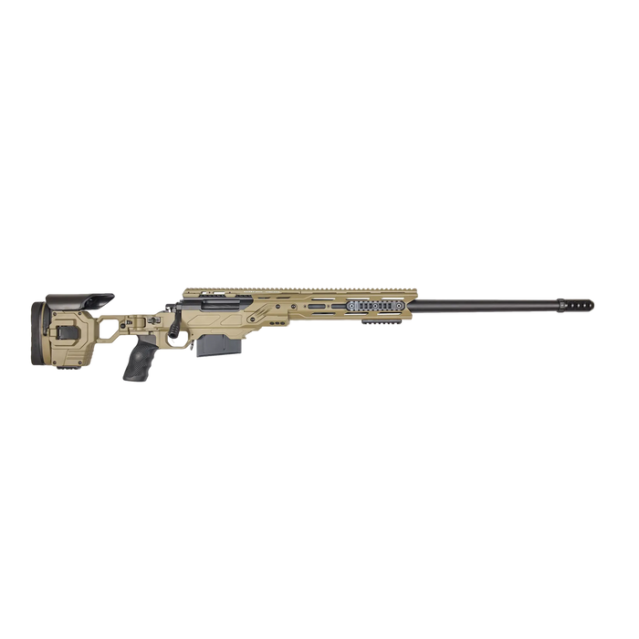 A tan-colored, long-barreled B&B Firearms Surgeon Remedy 1581 Precision with a black pistol grip, adjustable stock, and bipod attachment. The rifle features a 27" Match Grade Stainless Steel Barrel, a black scope rail on top, and a magazine protruding from the bottom. Its sleek design emphasizes precision and stability.