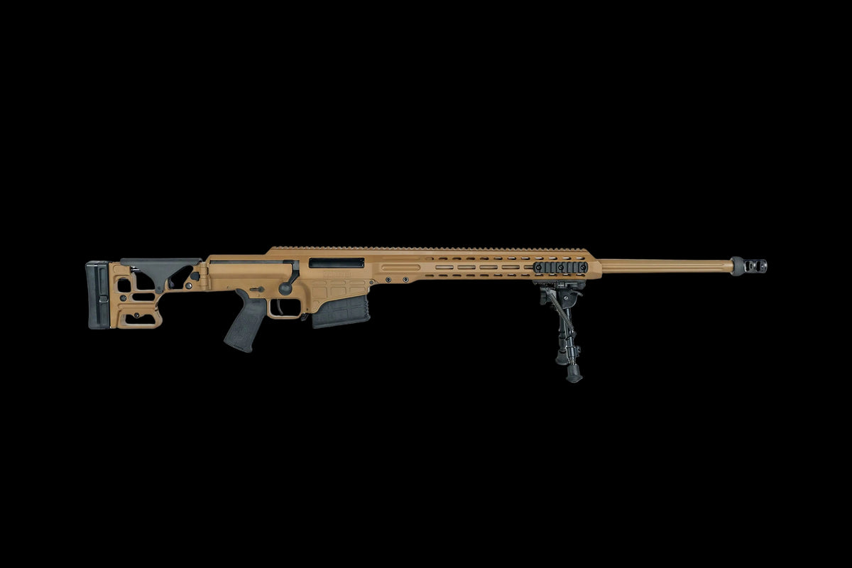 A tan BARRETT FIREARMS MK22 ADVANCED SNIPER SYSTEM 300 NORMA MAGNUM by B&B Firearms with a black adjustable stock, ergonomic grip, and long barrel. It is equipped with a bipod near the front and a muzzle brake at the barrel's end. There is a top rail for mounting optics. The rifle has a skeletal buttstock and appears designed for precision shooting.