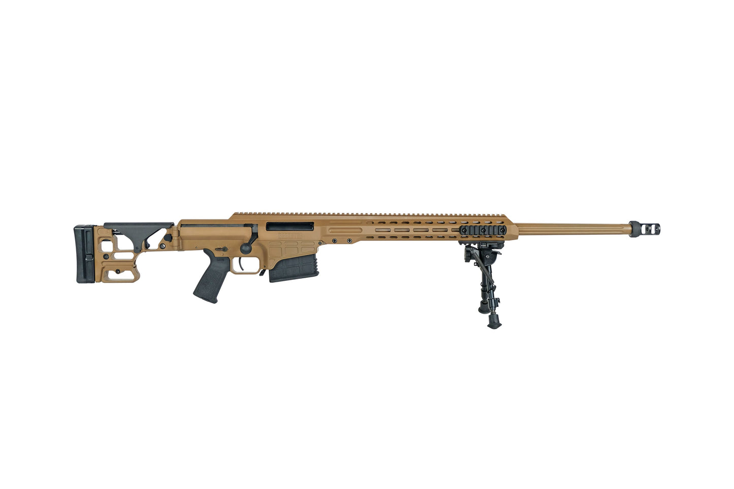 A tan BARRETT FIREARMS MK22 ADVANCED SNIPER SYSTEM 300 NORMA MAGNUM by B&B Firearms with a black adjustable stock, ergonomic grip, and long barrel. It is equipped with a bipod near the front and a muzzle brake at the barrel's end. There is a top rail for mounting optics. The rifle has a skeletal buttstock and appears designed for precision shooting.