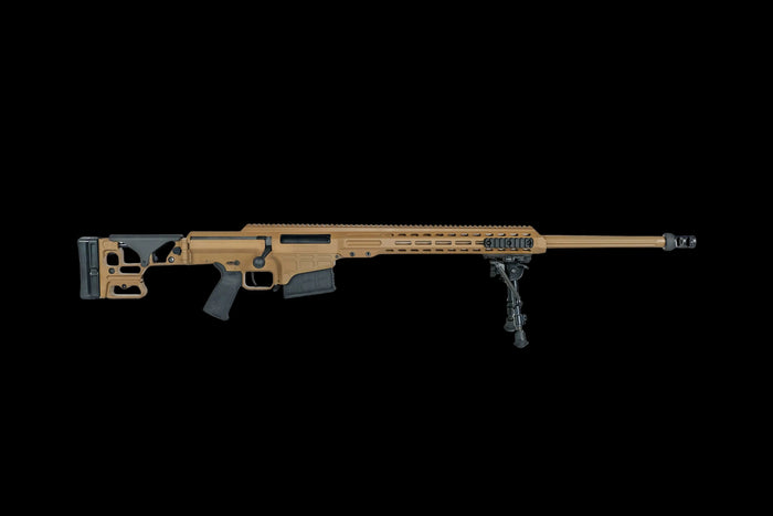 A tan BARRETT FIREARMS MK22 ADVANCED SNIPER SYSTEM 300 NORMA MAGNUM by B&B Firearms with a black adjustable stock, ergonomic grip, and long barrel. It is equipped with a bipod near the front and a muzzle brake at the barrel's end. There is a top rail for mounting optics. The rifle has a skeletal buttstock and appears designed for precision shooting.