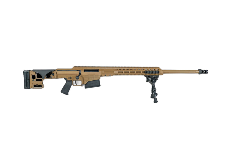A tan BARRETT FIREARMS MK22 ADVANCED SNIPER SYSTEM 300 NORMA MAGNUM by B&B Firearms with a black adjustable stock, ergonomic grip, and long barrel. It is equipped with a bipod near the front and a muzzle brake at the barrel's end. There is a top rail for mounting optics. The rifle has a skeletal buttstock and appears designed for precision shooting.