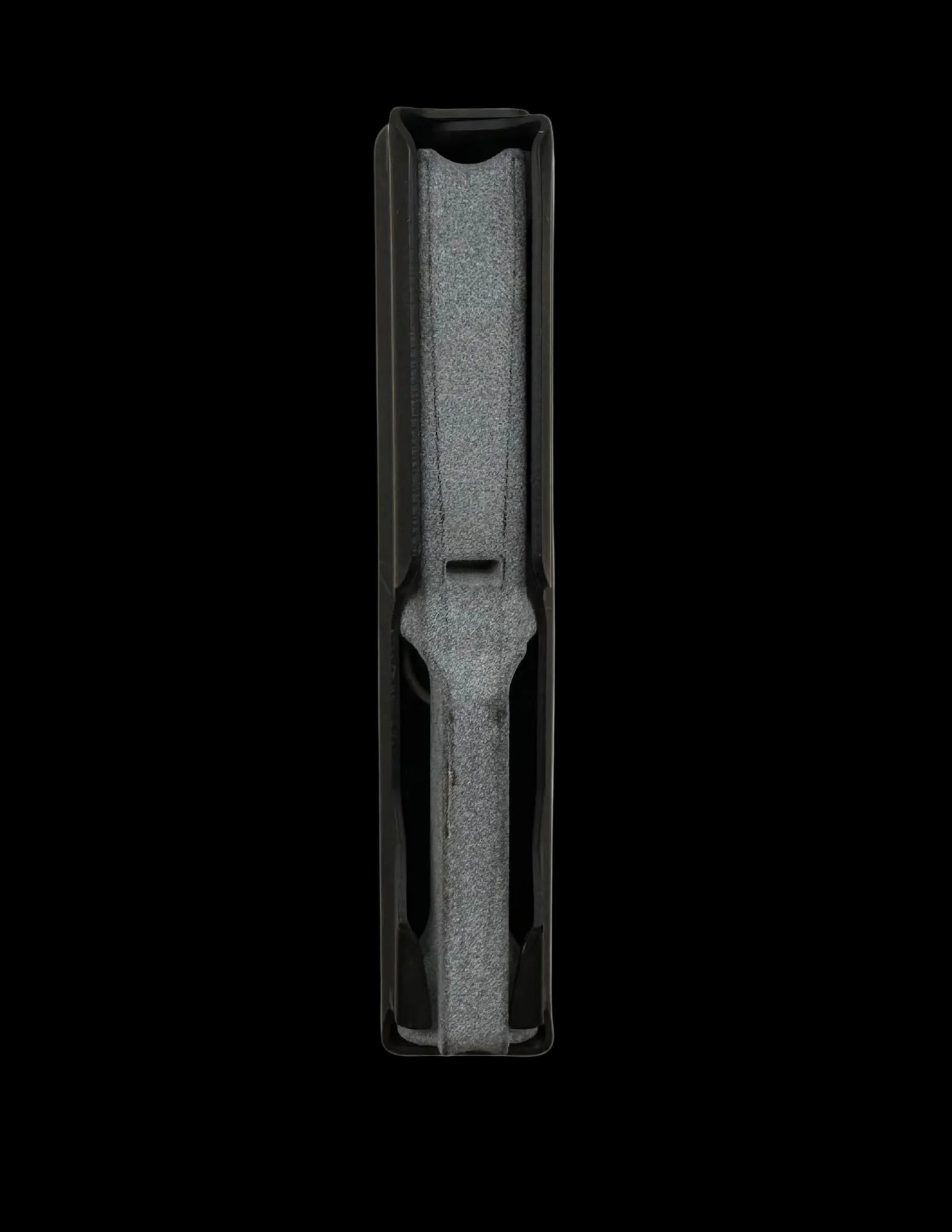 A black rectangular metal object with three vertical indentations resembles a component of the Cheytac M200 .408/.375 Magazine. The right edge features a protruding notch-like structure, and the upper right corner is slightly angled. The matte surface shows signs of mild wear, set against a solid white background. This product is manufactured by B&B Firearms.