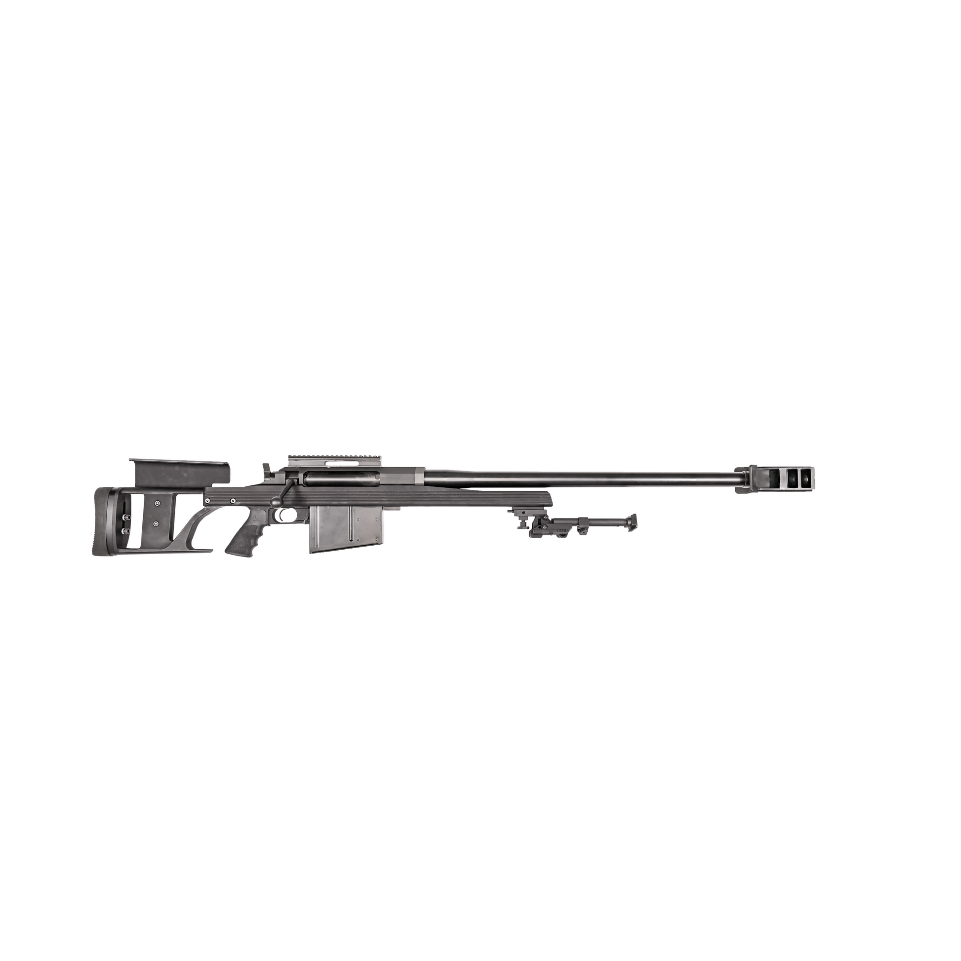 The Armalite AR-50 A1 Repeater by B&B Firearms is a high-precision, long-range sniper rifle with a matte black finish. It features an adjustable stock, large scope mount, long barrel with muzzle brake, and a bipod attached near the front. Ideal for professional use, this modern firearm requires a Federal Firearms License for purchase.