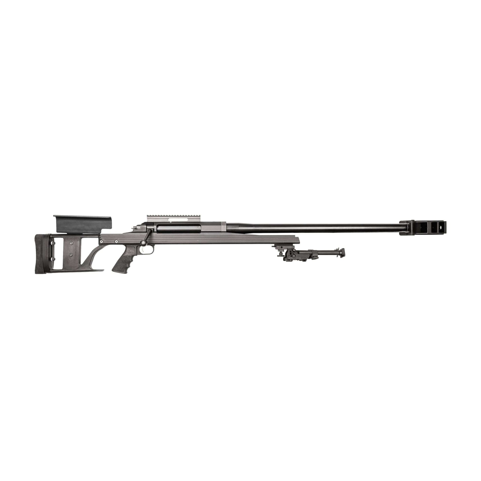 A long-barreled sniper rifle with a black finish, the B&B Firearms Armalite AR-50 A1 is perfect for long-range shooting. Equipped with a sleek stock, rail system for mounting optics, adjustable cheek rest, and a bipod beneath the barrel for stability, it also features a distinctive muzzle brake at the end.