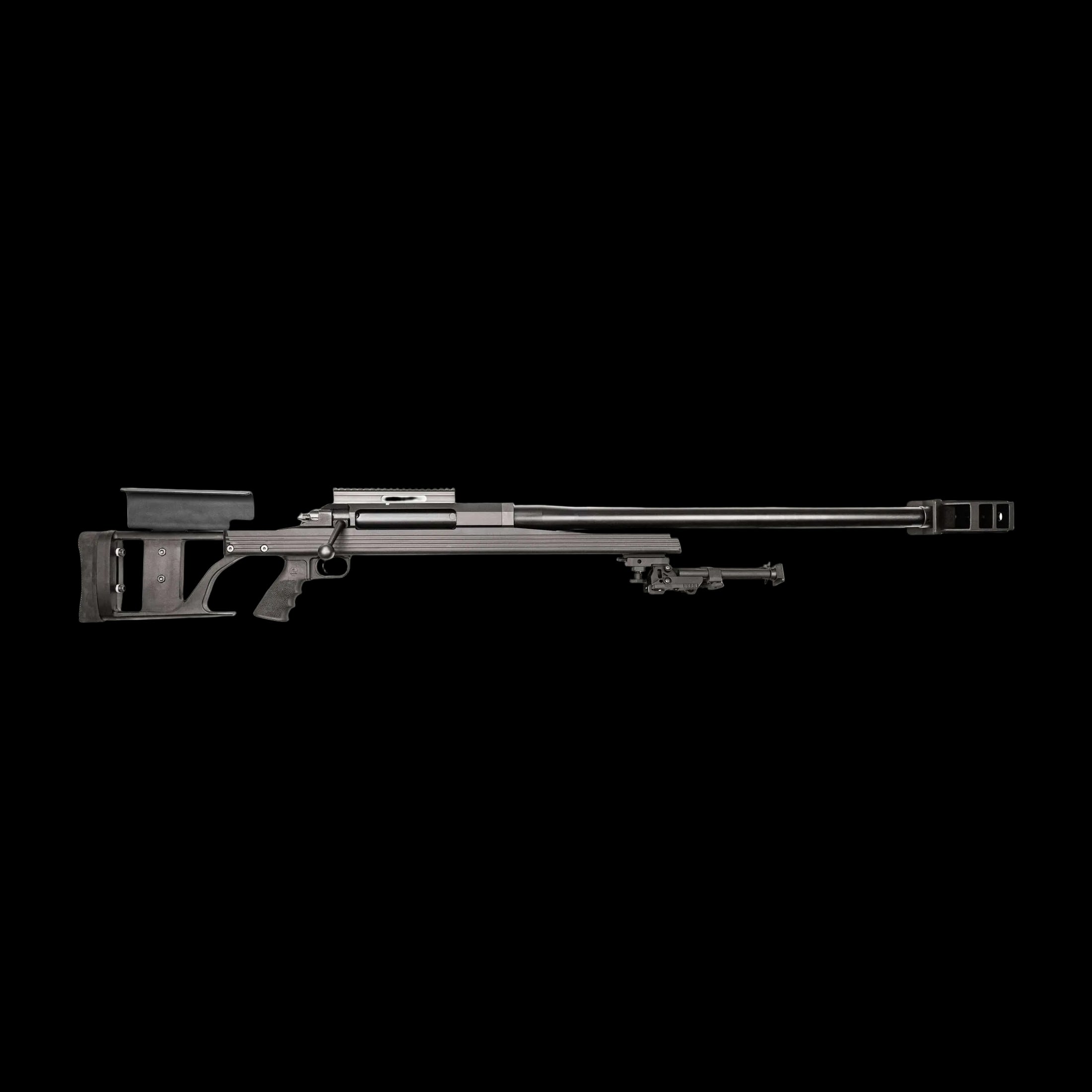 A long-barreled sniper rifle with a black finish, the B&B Firearms Armalite AR-50 A1 is perfect for long-range shooting. Equipped with a sleek stock, rail system for mounting optics, adjustable cheek rest, and a bipod beneath the barrel for stability, it also features a distinctive muzzle brake at the end.