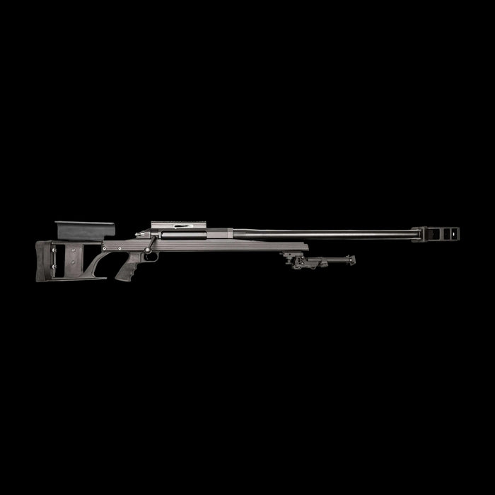 A long-barreled sniper rifle with a black finish, the B&B Firearms Armalite AR-50 A1 is perfect for long-range shooting. Equipped with a sleek stock, rail system for mounting optics, adjustable cheek rest, and a bipod beneath the barrel for stability, it also features a distinctive muzzle brake at the end.