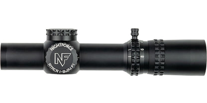 A black Nightforce ATACR 1-8x24 F1 .1 Mil-Radian NVD PTL FC-DMX C653 riflescope by B&B Firearms, featuring a compact, cylindrical design. This low-power variable scope includes an 8x zoom adjustment ring with magnification numbers and a rotatable turret for precise settings. The side prominently displays the "NF" brand logo and model details.