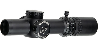 A black Nightforce ATACR 1-8x24 F1 .1 Mil-Radian NVD PTL FC-DMX C653 riflescope by B&B Firearms, featuring a compact, cylindrical design. This low-power variable scope includes an 8x zoom adjustment ring with magnification numbers and a rotatable turret for precise settings. The side prominently displays the "NF" brand logo and model details.