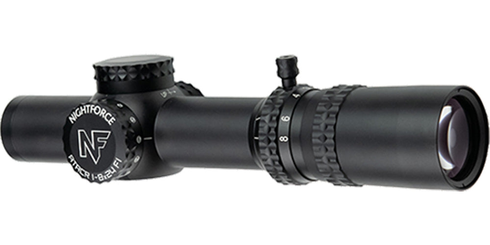 A black Nightforce ATACR 1-8x24 F1 .1 Mil-Radian NVD PTL FC-DMX C653 riflescope by B&B Firearms, featuring a compact, cylindrical design. This low-power variable scope includes an 8x zoom adjustment ring with magnification numbers and a rotatable turret for precise settings. The side prominently displays the "NF" brand logo and model details.