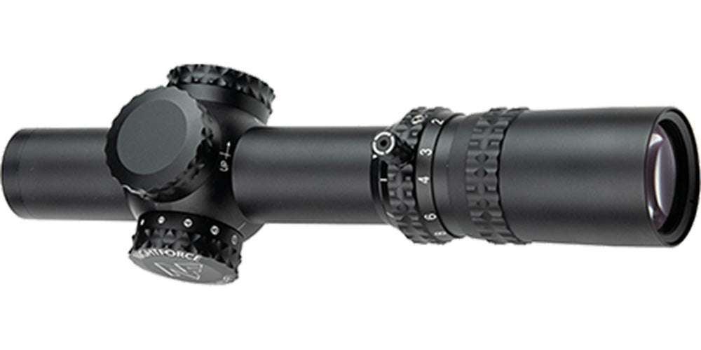 A black Nightforce ATACR 1-8x24 F1 .1 Mil-Radian NVD PTL FC-DMX C653 riflescope by B&B Firearms, featuring a compact, cylindrical design. This low-power variable scope includes an 8x zoom adjustment ring with magnification numbers and a rotatable turret for precise settings. The side prominently displays the "NF" brand logo and model details.