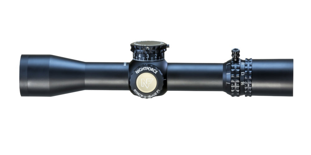 The Nightforce ATACR 4-16x42 F1 ZH .1mrad Illum PTL TReMor3 C575 from B&B Firearms is a black rifle scope featuring clear markings and ED glass for optimal clarity. The central adjustment knob, labeled "Nightforce ATACR," is prominently visible, along with additional precise adjustment knobs on the top and side. Its sleek design complements precision semi-automatic rifles perfectly.