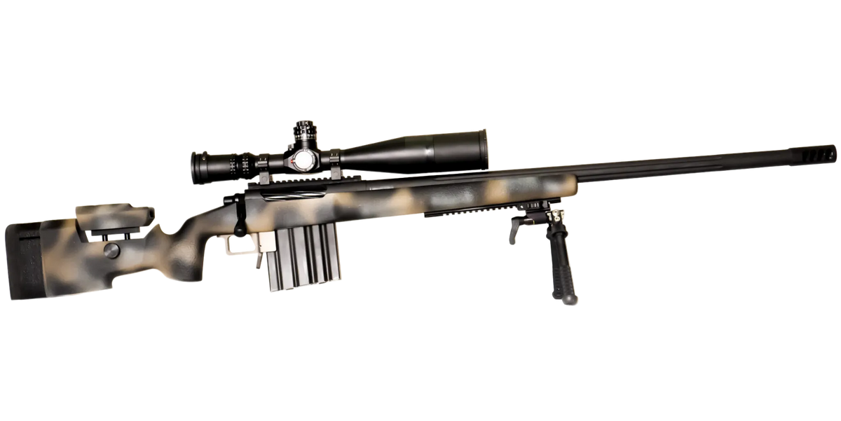 The lightweight **Cheytac M300 Praetorian sniper rifle by B&B Firearms**, favored by competitive shooters, features a long barrel with a bipod near the muzzle, a large scope on top, and a camouflage-patterned stock. Its ergonomic design includes an adjustable cheek rest and a magazine protruding from the bottom. The background is white.