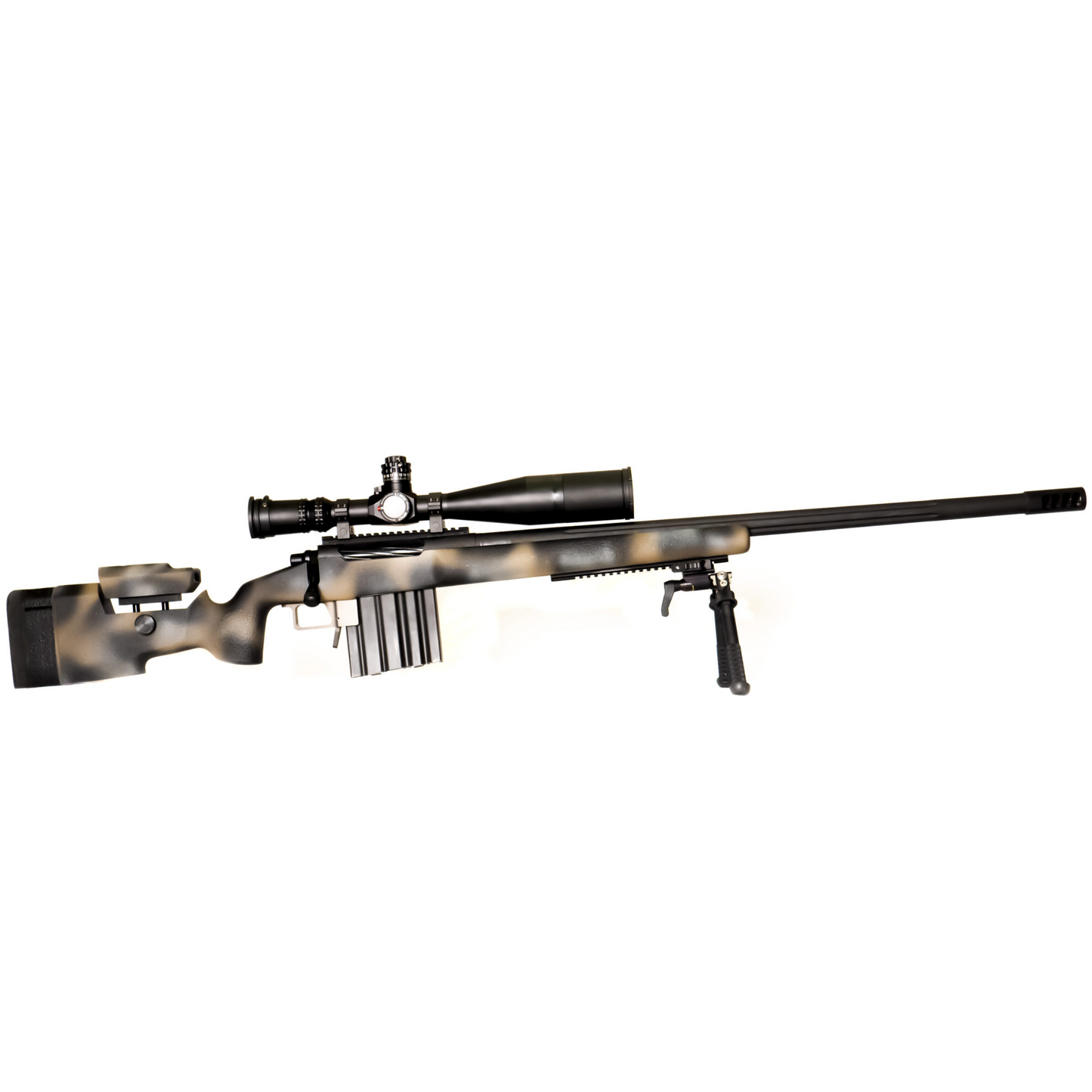 The lightweight **Cheytac M300 Praetorian sniper rifle by B&B Firearms**, favored by competitive shooters, features a long barrel with a bipod near the muzzle, a large scope on top, and a camouflage-patterned stock. Its ergonomic design includes an adjustable cheek rest and a magazine protruding from the bottom. The background is white.