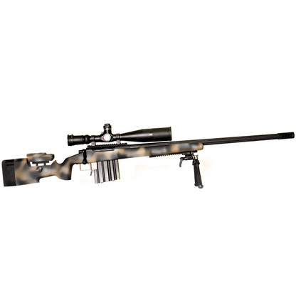 The lightweight **Cheytac M300 Praetorian sniper rifle by B&B Firearms**, favored by competitive shooters, features a long barrel with a bipod near the muzzle, a large scope on top, and a camouflage-patterned stock. Its ergonomic design includes an adjustable cheek rest and a magazine protruding from the bottom. The background is white.