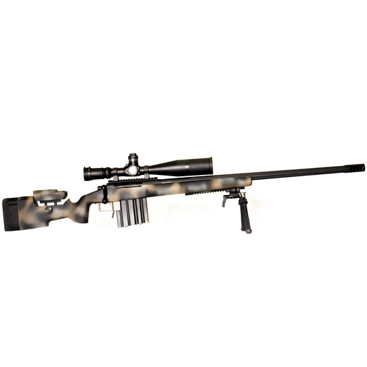 The lightweight **Cheytac M300 Praetorian sniper rifle by B&B Firearms**, favored by competitive shooters, features a long barrel with a bipod near the muzzle, a large scope on top, and a camouflage-patterned stock. Its ergonomic design includes an adjustable cheek rest and a magazine protruding from the bottom. The background is white.
