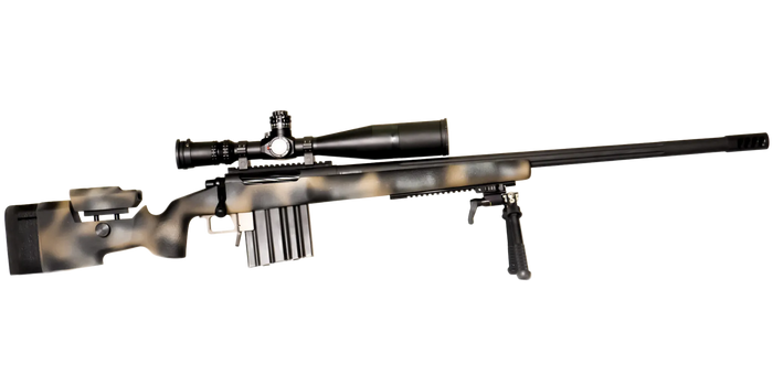 The lightweight **Cheytac M300 Praetorian sniper rifle by B&B Firearms**, favored by competitive shooters, features a long barrel with a bipod near the muzzle, a large scope on top, and a camouflage-patterned stock. Its ergonomic design includes an adjustable cheek rest and a magazine protruding from the bottom. The background is white.