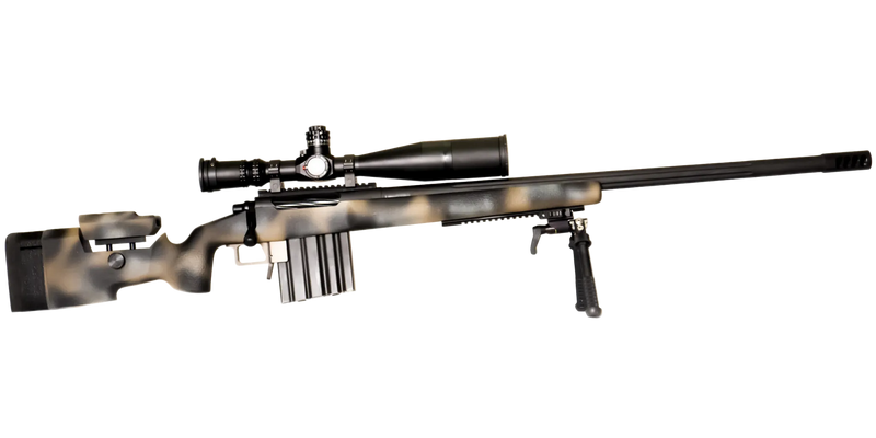 The lightweight **Cheytac M300 Praetorian sniper rifle by B&B Firearms**, favored by competitive shooters, features a long barrel with a bipod near the muzzle, a large scope on top, and a camouflage-patterned stock. Its ergonomic design includes an adjustable cheek rest and a magazine protruding from the bottom. The background is white.