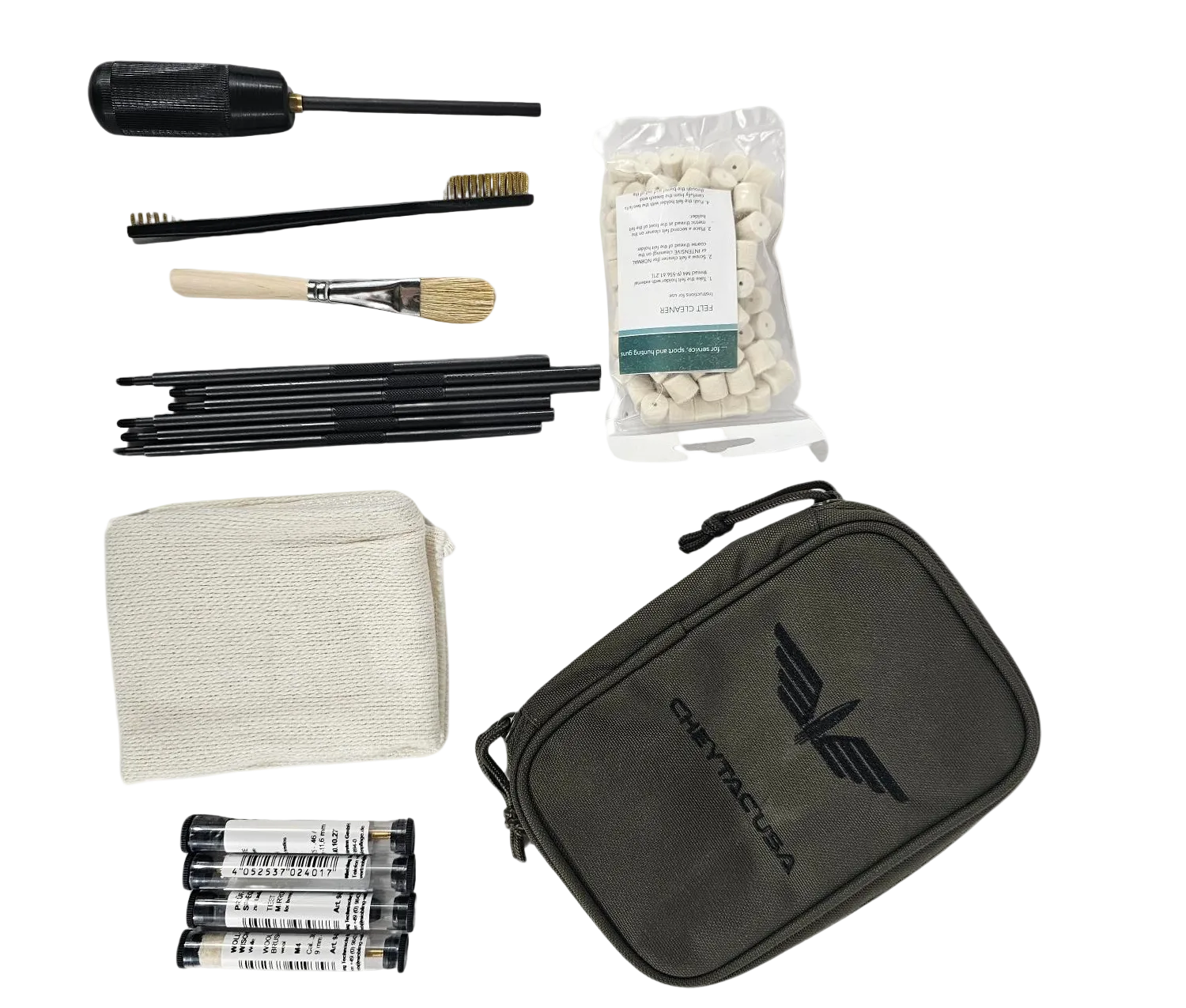 A small, black zippered pouch featuring the B&B Firearms logo printed in the center. The logo consists of a stylized winged design with an arrow pointing upwards above the text "B&B FIREARMS." Perfect for professional shooters, this durable pouch is ideal for storing your CheyTac High End Rifle Cleaning Kit or accessories.