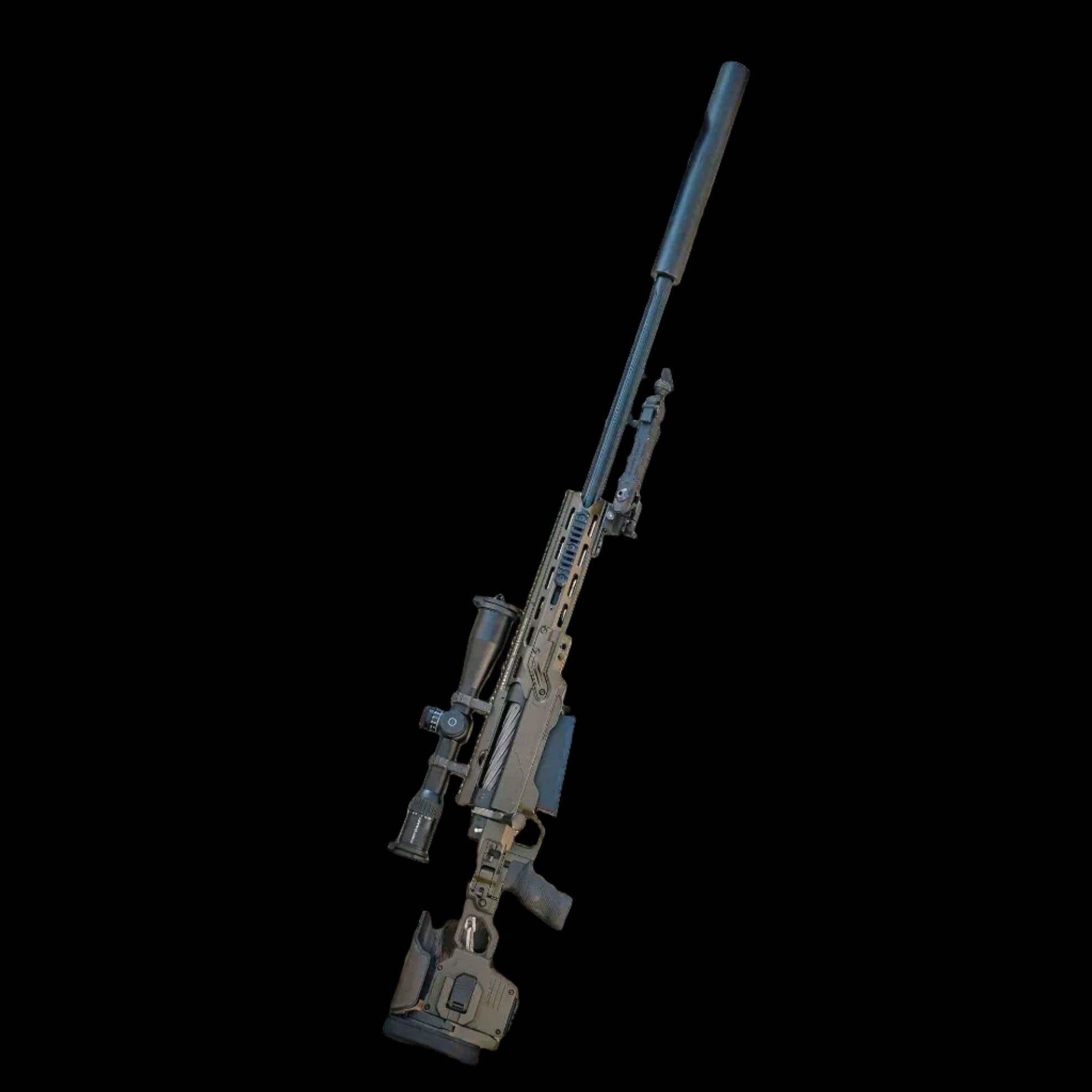 A modern bolt-action sniper rifle with an olive drab chassis, the B&B Firearms MCMILLAN TAC50C features a tactical adjustable stock, a black pistol grip, a twisted fluted barrel, and an expansion muzzle brake. This .50 BMG tactical rifle also includes a bipod for stability and a Picatinny rail for mounting optics.