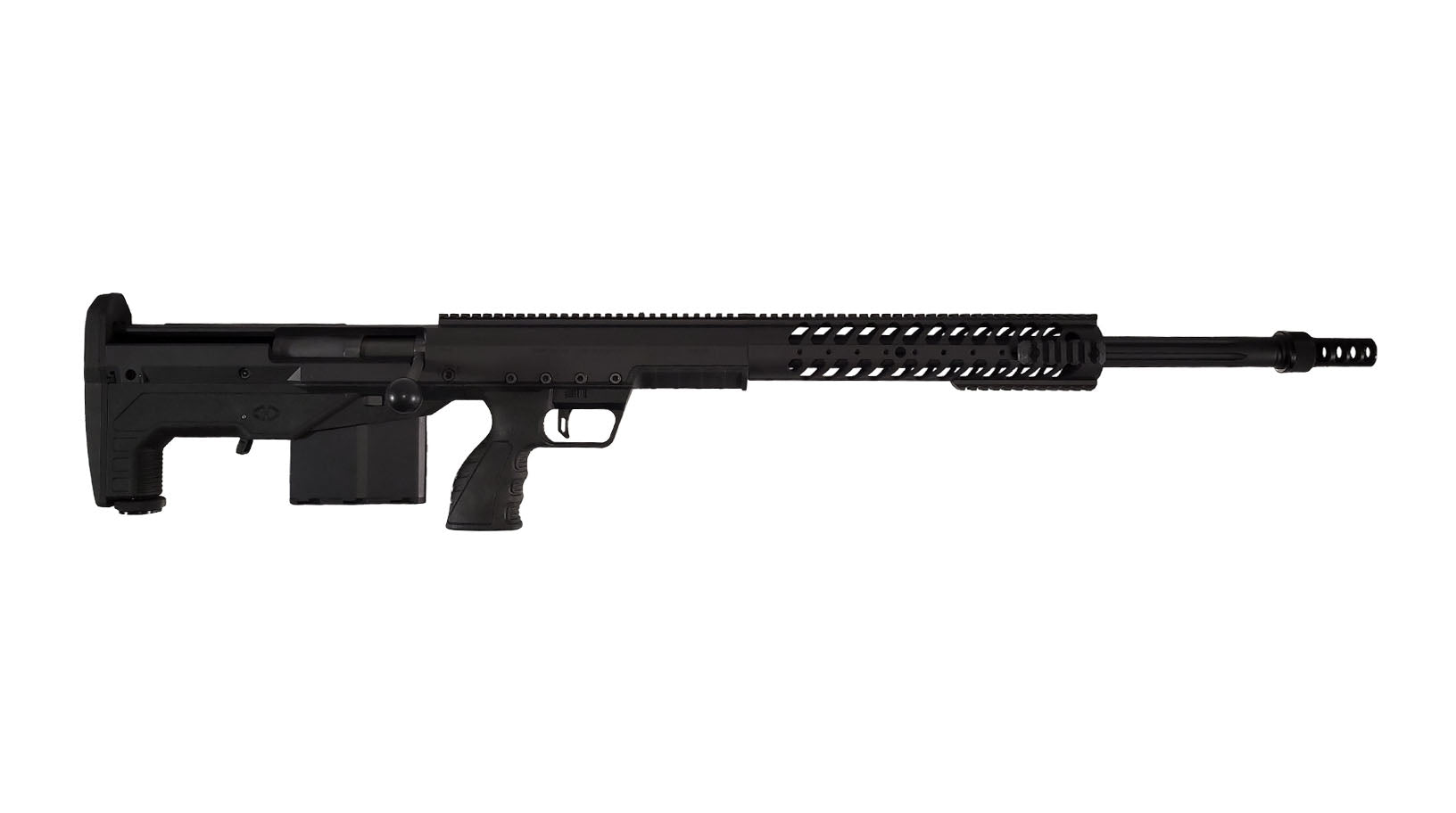 Introducing the B&B Firearms HTI Precision Heavy Caliber Bullpup Rifle: A tactical, high-precision sniper rifle with a tan-colored body, black barrel, and muzzle brake. This multi-caliber platform features a perforated handguard for cooling, a large magazine, and a contoured grip. An adjustable stock provides better shoulder support.