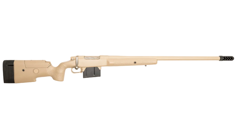A tan-colored B&B Firearms MCMILLAN TAC-338 sniper rifle is positioned horizontally against a white background. The tactical rifle features a sleek, minimalist design with a textured grip, a matte finish, and a black magazine. The barrel extends straight, ending with a muzzle brake, and the stock is cushioned with black padding.