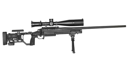 A black, high-precision sniper rifle equipped with a KRG Whiskey 3 Chassis and an adjustable stock. The CheyTac Paladin by B&B Firearms, chambered in .300 Win Mag, features a large telescopic sight on top and a bipod on the front underside of the long and slender barrel. The overall design is sleek and modern.