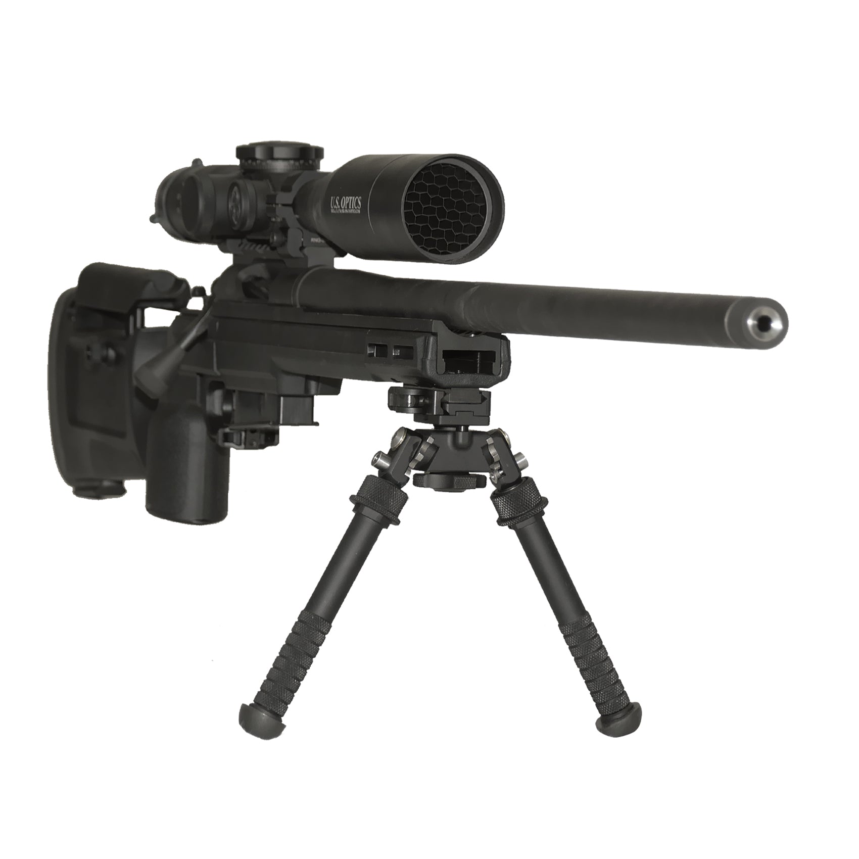 Image of a black precision sniper rifle with a long barrel, an elevated scope, and a bipod attached to the front end. The adjustable stock features a cheek rest, reminiscent of the KRG Whiskey 3. The sleek design indicates it is made for high accuracy shooting. This B&B Firearms CheyTac SAPP rifle is displayed against a plain white background.