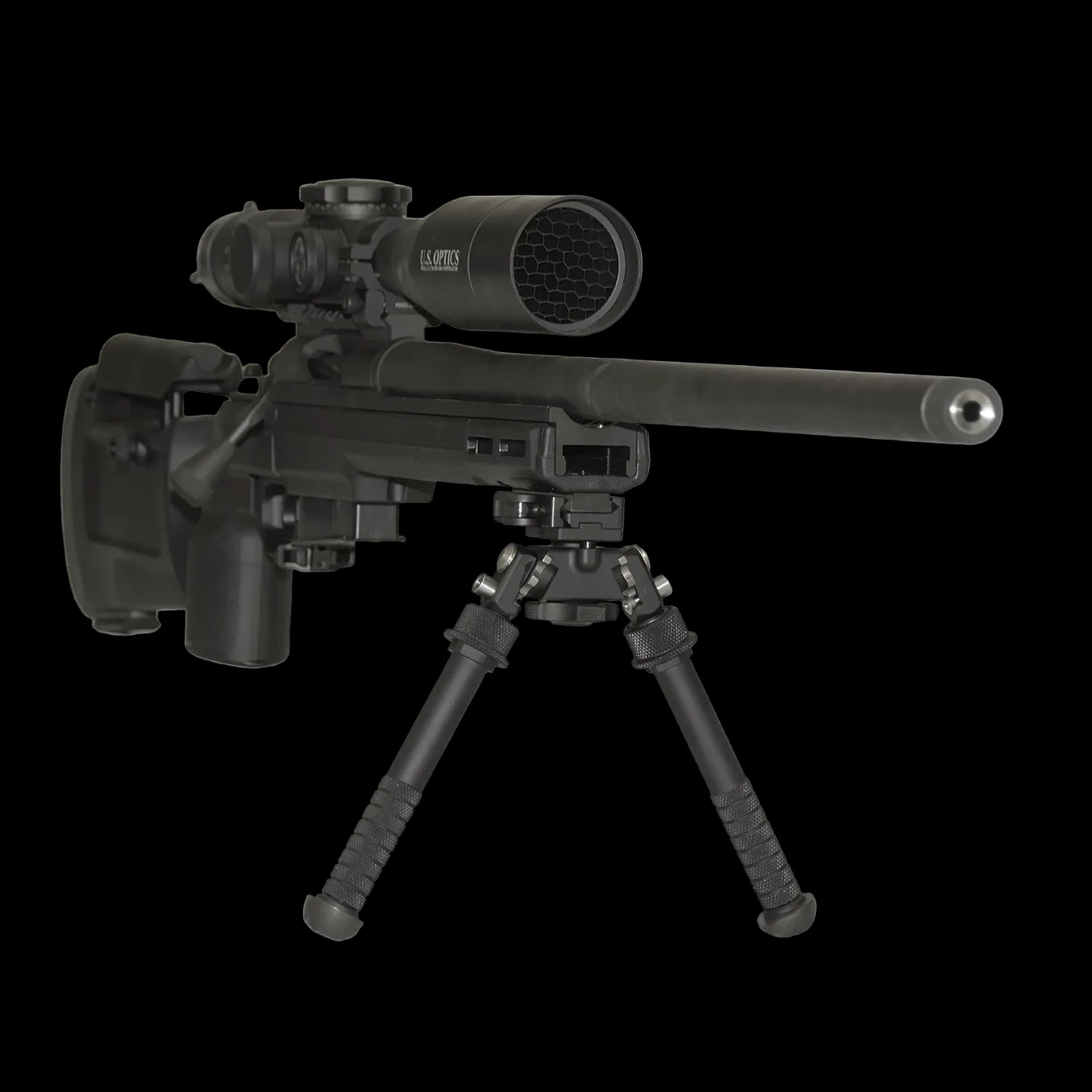 Image of a black precision sniper rifle with a long barrel, an elevated scope, and a bipod attached to the front end. The adjustable stock features a cheek rest, reminiscent of the KRG Whiskey 3. The sleek design indicates it is made for high accuracy shooting. This B&B Firearms CheyTac SAPP rifle is displayed against a plain white background.