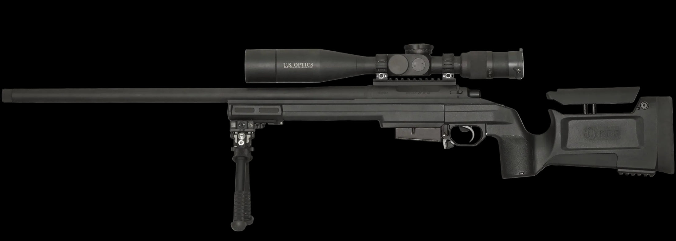 Image of a black precision sniper rifle with a long barrel, an elevated scope, and a bipod attached to the front end. The adjustable stock features a cheek rest, reminiscent of the KRG Whiskey 3. The sleek design indicates it is made for high accuracy shooting. This B&B Firearms CheyTac SAPP rifle is displayed against a plain white background.