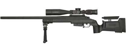 Image of a black precision sniper rifle with a long barrel, an elevated scope, and a bipod attached to the front end. The adjustable stock features a cheek rest, reminiscent of the KRG Whiskey 3. The sleek design indicates it is made for high accuracy shooting. This B&B Firearms CheyTac SAPP rifle is displayed against a plain white background.