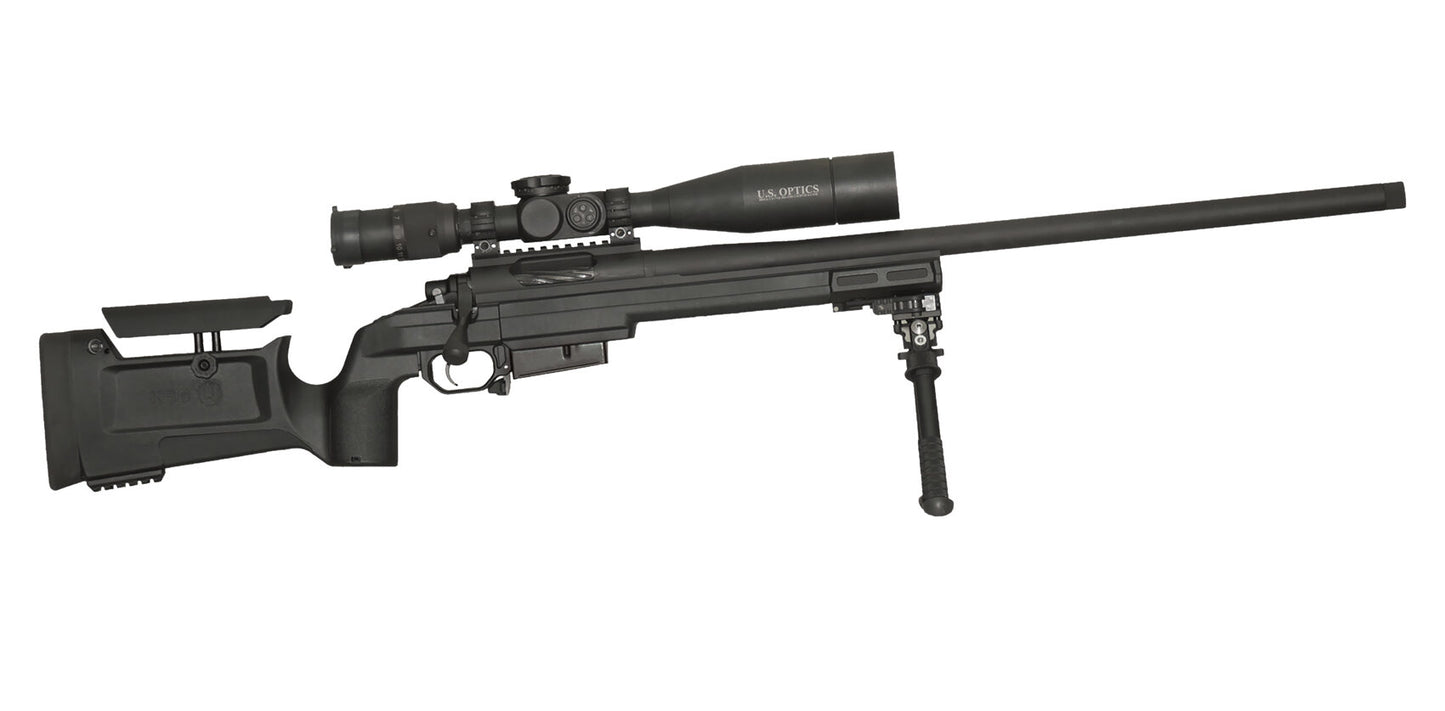 Image of a black precision sniper rifle with a long barrel, an elevated scope, and a bipod attached to the front end. The adjustable stock features a cheek rest, reminiscent of the KRG Whiskey 3. The sleek design indicates it is made for high accuracy shooting. This B&B Firearms CheyTac SAPP rifle is displayed against a plain white background.