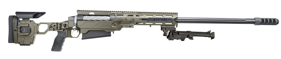 A modern bolt-action sniper rifle with an olive drab chassis, the B&B Firearms MCMILLAN TAC50C features a tactical adjustable stock, a black pistol grip, a twisted fluted barrel, and an expansion muzzle brake. This .50 BMG tactical rifle also includes a bipod for stability and a Picatinny rail for mounting optics.