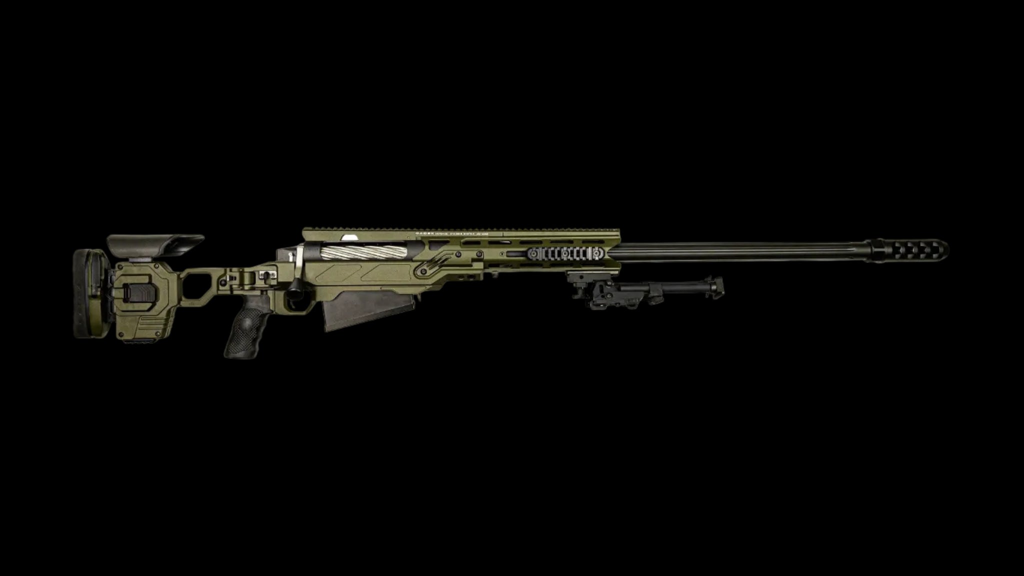 A modern bolt-action sniper rifle with an olive drab chassis, the B&B Firearms MCMILLAN TAC50C features a tactical adjustable stock, a black pistol grip, a twisted fluted barrel, and an expansion muzzle brake. This .50 BMG tactical rifle also includes a bipod for stability and a Picatinny rail for mounting optics.