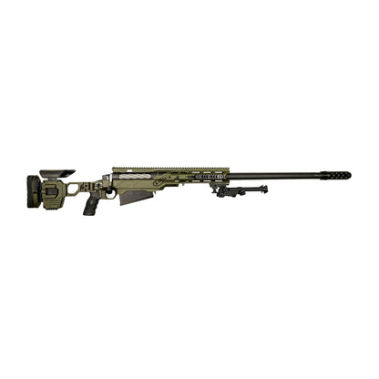 A modern bolt-action sniper rifle with an olive drab chassis, the B&B Firearms MCMILLAN TAC50C features a tactical adjustable stock, a black pistol grip, a twisted fluted barrel, and an expansion muzzle brake. This .50 BMG tactical rifle also includes a bipod for stability and a Picatinny rail for mounting optics.