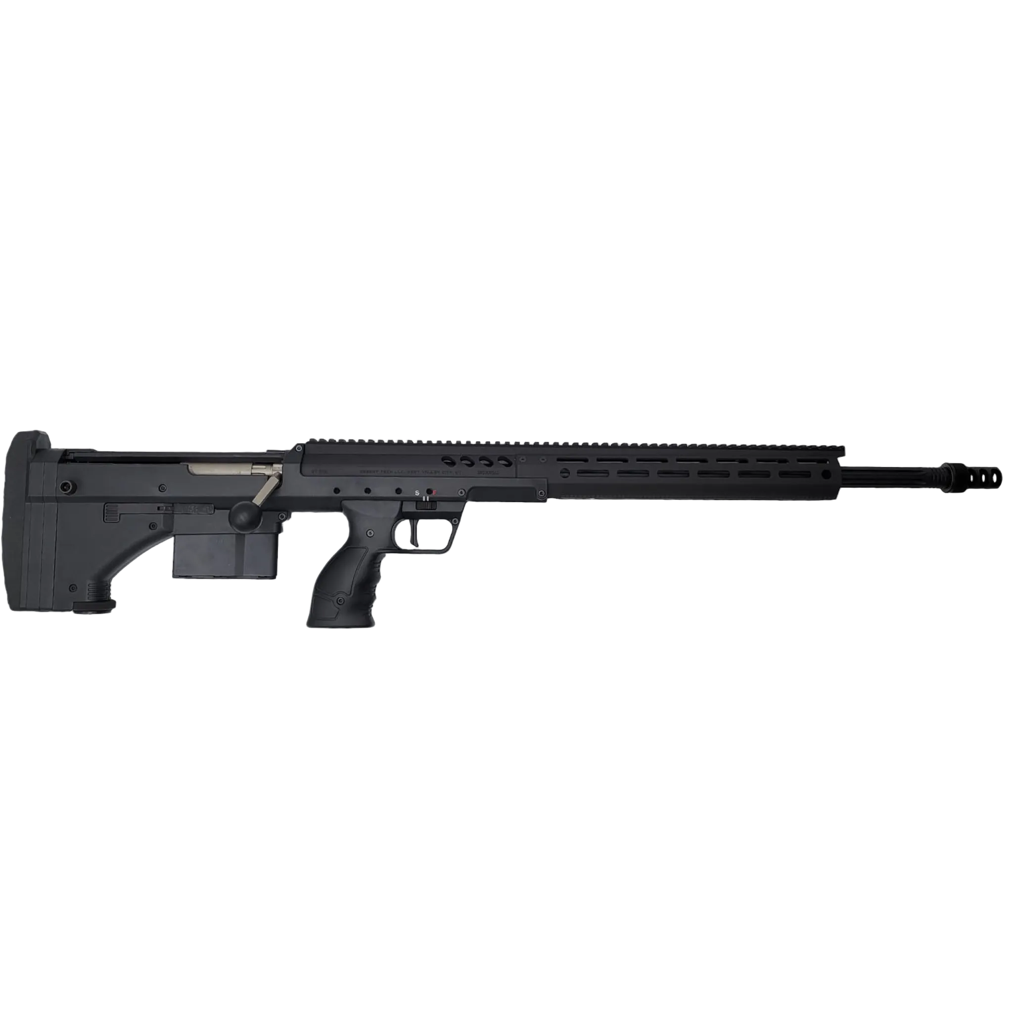 A black, modern tactical precision rifle for dedicated marksmen is photographed in a side view against a plain white background. The B&B Firearms SRS Precision Bullpup Bolt-Action Rifle features a long barrel with a muzzle brake, a rail system on top, a box magazine, an ergonomic pistol grip, and an adjustable stock.