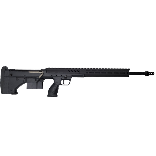 A black, modern tactical precision rifle for dedicated marksmen is photographed in a side view against a plain white background. The B&B Firearms SRS Precision Bullpup Bolt-Action Rifle features a long barrel with a muzzle brake, a rail system on top, a box magazine, an ergonomic pistol grip, and an adjustable stock.