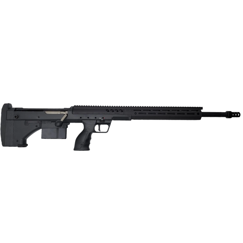 A black, modern tactical precision rifle for dedicated marksmen is photographed in a side view against a plain white background. The B&B Firearms SRS Precision Bullpup Bolt-Action Rifle features a long barrel with a muzzle brake, a rail system on top, a box magazine, an ergonomic pistol grip, and an adjustable stock.