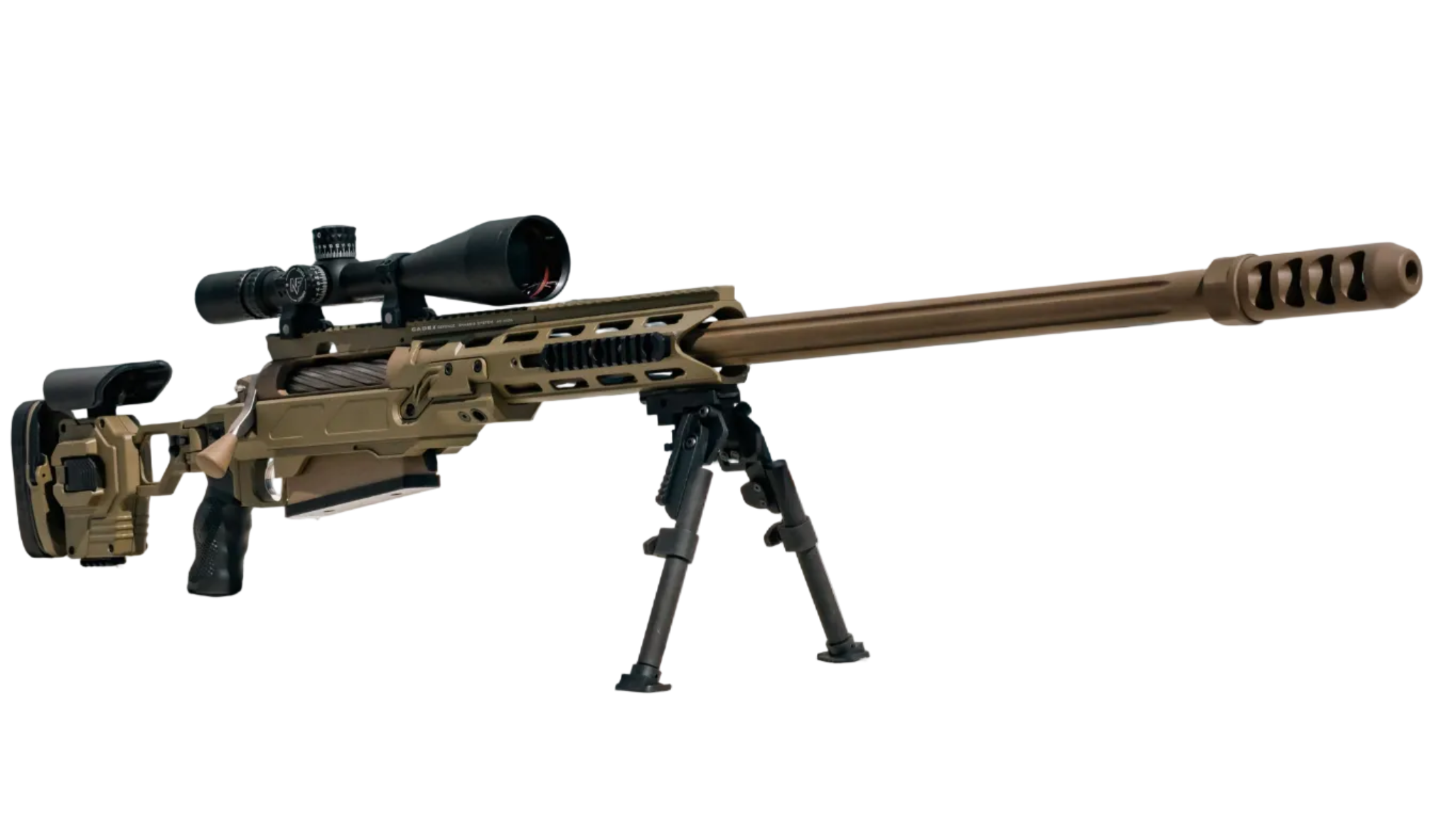 A modern bolt-action sniper rifle with an olive drab chassis, the B&B Firearms MCMILLAN TAC50C features a tactical adjustable stock, a black pistol grip, a twisted fluted barrel, and an expansion muzzle brake. This .50 BMG tactical rifle also includes a bipod for stability and a Picatinny rail for mounting optics.