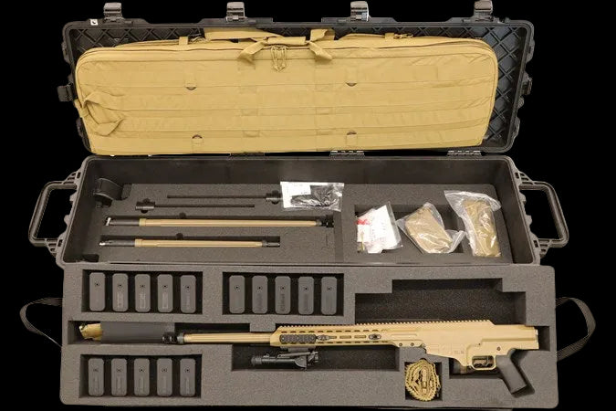 A tan BARRETT FIREARMS MK22 ADVANCED SNIPER SYSTEM 300 NORMA MAGNUM by B&B Firearms with a black adjustable stock, ergonomic grip, and long barrel. It is equipped with a bipod near the front and a muzzle brake at the barrel's end. There is a top rail for mounting optics. The rifle has a skeletal buttstock and appears designed for precision shooting.