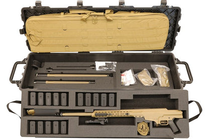 A tan BARRETT FIREARMS MK22 ADVANCED SNIPER SYSTEM 300 NORMA MAGNUM by B&B Firearms with a black adjustable stock, ergonomic grip, and long barrel. It is equipped with a bipod near the front and a muzzle brake at the barrel's end. There is a top rail for mounting optics. The rifle has a skeletal buttstock and appears designed for precision shooting.