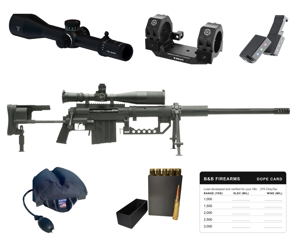 CheyTac M200 Intervention .375 CheyTac ELR Ready Kit: black rifle with riflescope and bipod, surrounded by a Telson riflescope, M-BRACE scope mount, MDT SEND iT level, Endgame rear bag, box of B&B ammunition and a B&B DOPE card