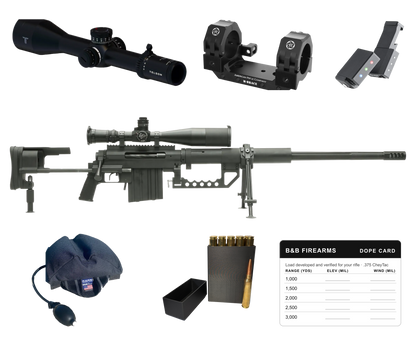 CheyTac M200 Intervention .375 CheyTac ELR Ready Kit: black rifle with riflescope and bipod, surrounded by a Telson riflescope, M-BRACE scope mount, MDT SEND iT level, Endgame rear bag, box of B&B ammunition and a B&B DOPE card