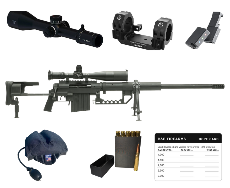 CheyTac M200 Intervention .375 CheyTac ELR Ready Kit: black rifle with riflescope and bipod, surrounded by a Telson riflescope, M-BRACE scope mount, MDT SEND iT level, Endgame rear bag, box of B&B ammunition and a B&B DOPE card