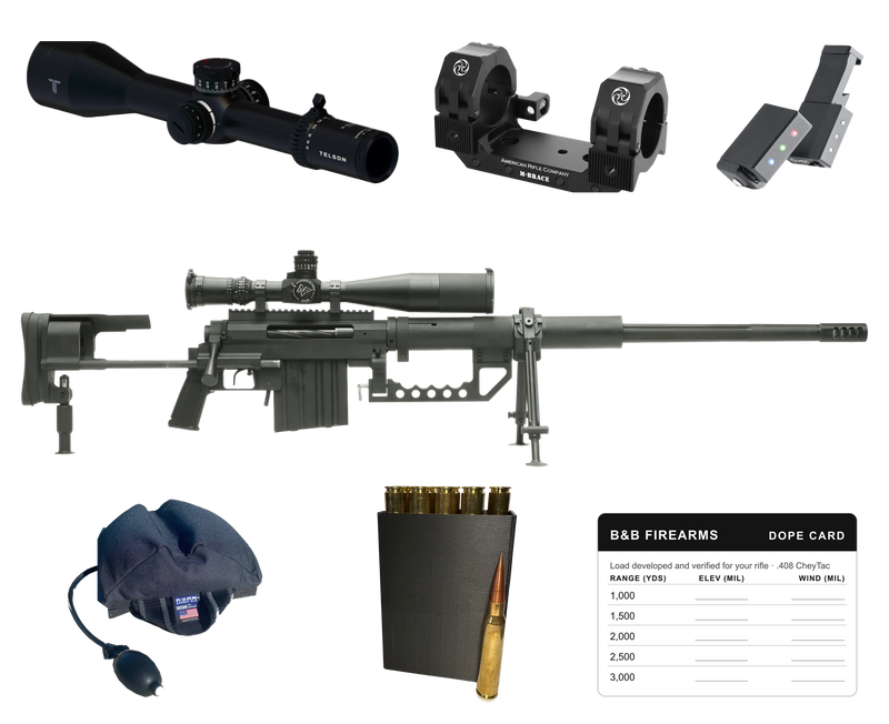 CheyTac M200 Intervention .408 CheyTac ELR Ready Kit: black rifle with riflescope and bipod, surrounded by a Telson riflescope, M-BRACE scope mount, MDT SEND iT level, Endgame rear bag, box of B&B ammunition and a B&B DOPE card