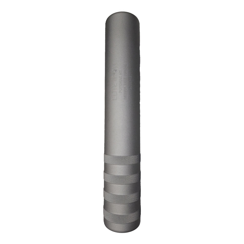 A SIERRA® LITE .338 Caliber Suppressor by B&B Firearms, featuring a cylindrical design with a matte finish, is displayed in a vertical orientation against a plain white background. The lower half of the metallic suppressor boasts textured, grooved rings for grip, while the top half is smooth with faint, indistinct markings.